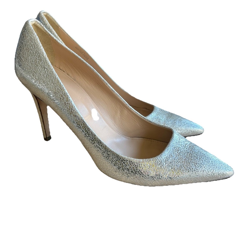 $198 J CREW Silver Crackled Leather Stiletto Metallic High Heel Shoes SZ 9.5 EUC